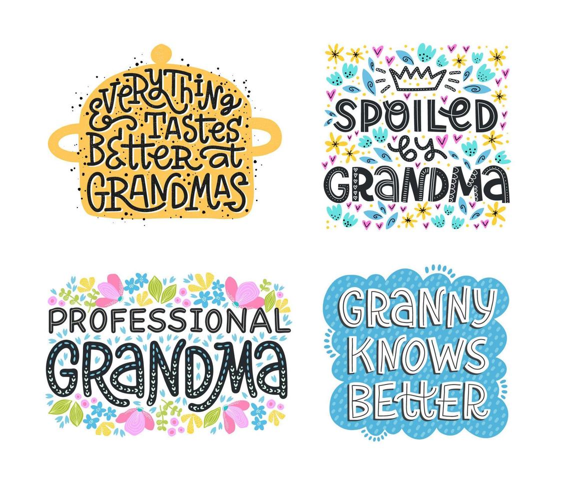 Set of  lettering illustrations with granny quotes. vector
