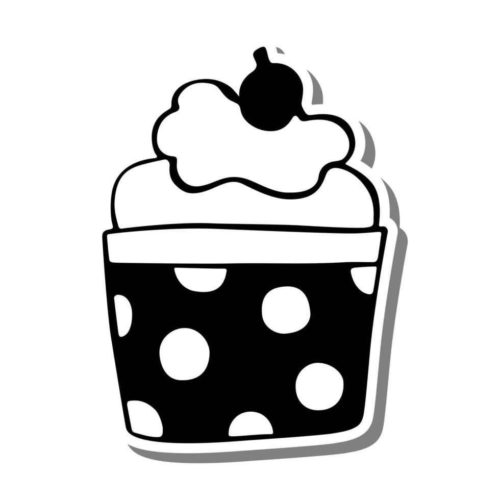 Monochrome cupcake with cherry and whipped cream on white silhouette and gray shadow. Vector illustration for decoration or any design.