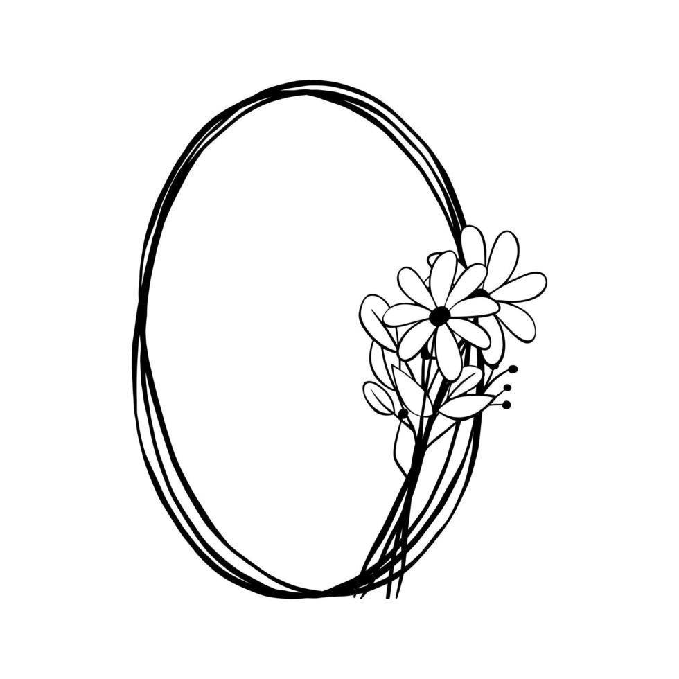 Black line Little Bouquet on triple oval frame. Vector illustration for decorate logo, greeting cards and any design.