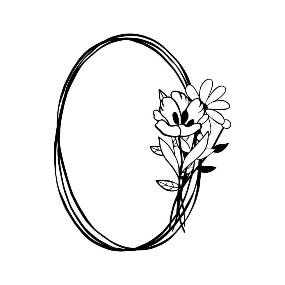 Black line Bouquet on triple oval frame. Vector illustration for decorate logo, greeting cards and any design.