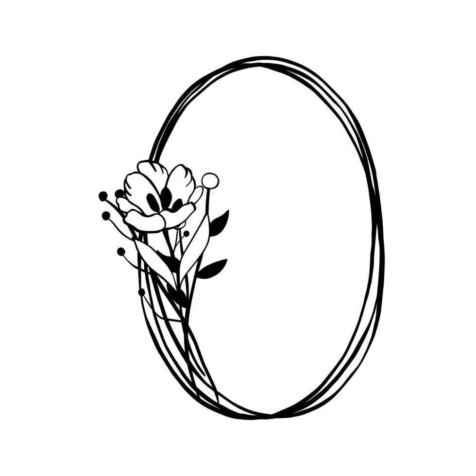 Black line Bunch of Flower on triple oval frame. Vector illustration for decorate logo, greeting cards and any design.