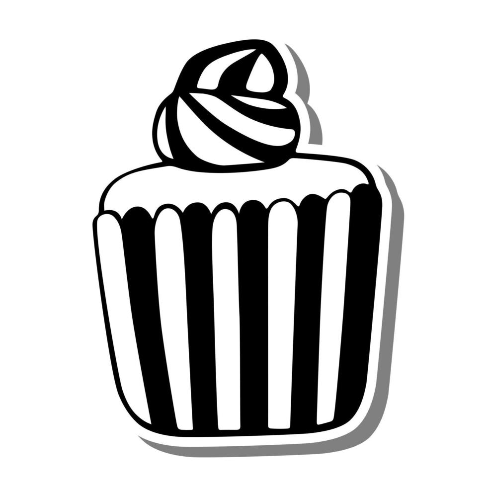 Monochrome cupcake with whipped cream on white silhouette and gray shadow. Vector illustration for decoration or any design.