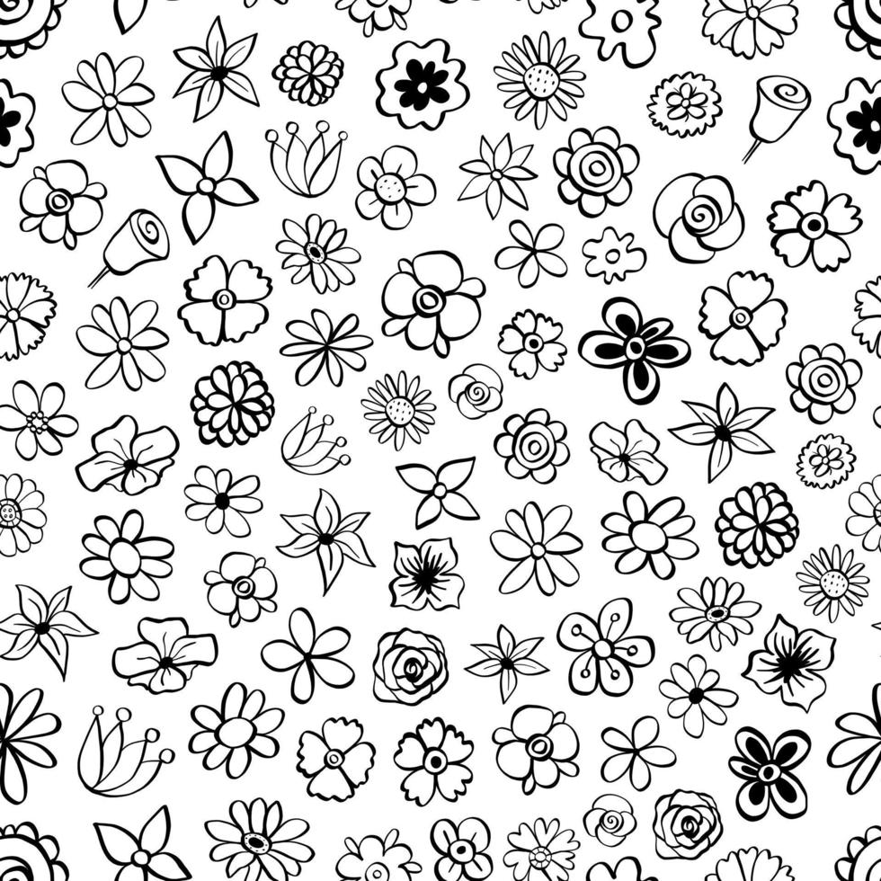 Black line Flowers Bloom seamless pattern. Design for paper, covers, cards, fabrics, background and any. Vector illustration about Nature doodle.