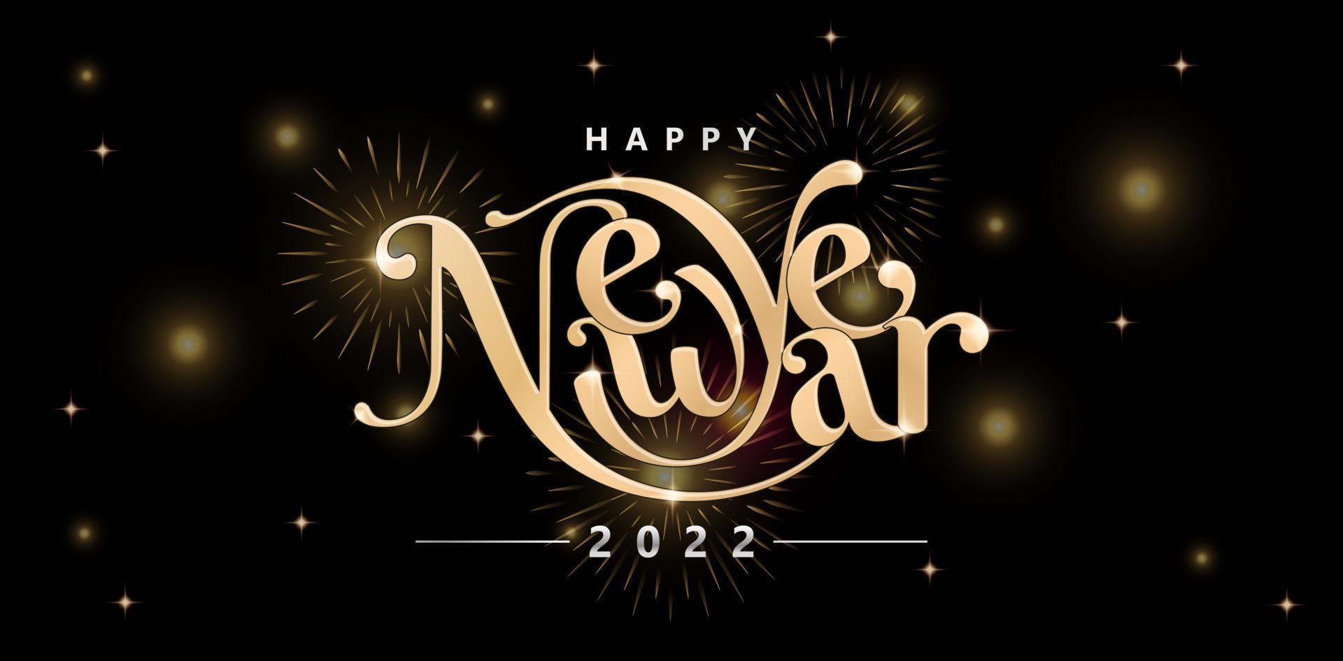 illustration of Happy New Year lettering fonts golden color with isolated black background, fireworks and glitter sparkle star decoration applicable for greeting cards, invitation, sign and banners. vector