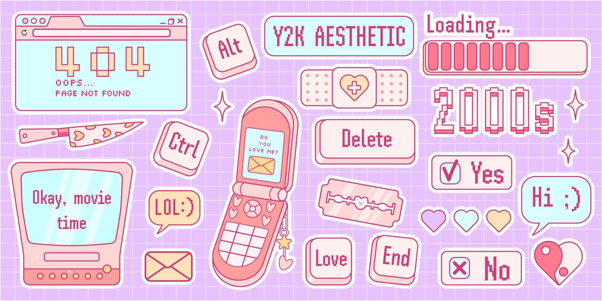 Cute sticker pack in trendy retro y2k style. Kawaii elements set. Glamour 2000s. Nostalgia for 1990s -2000s. vector