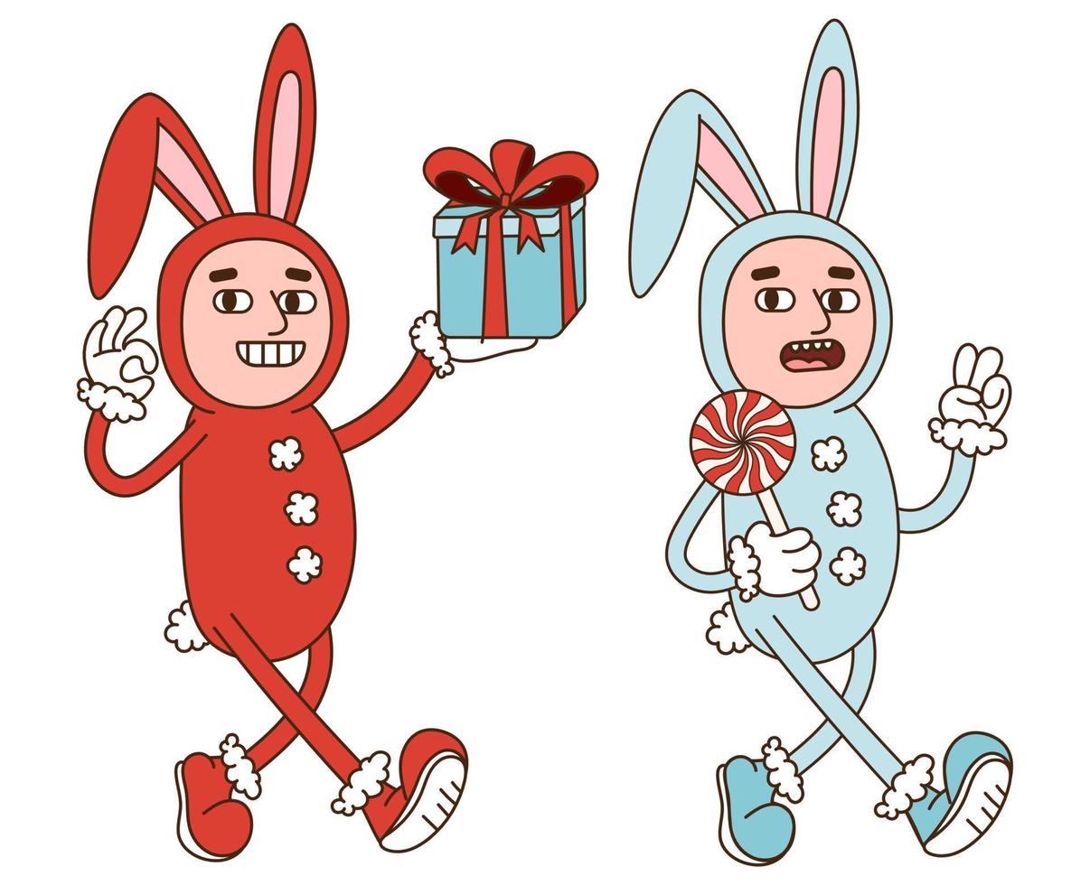 Groovy hippie Christmas. Isolated Human in bunny costume set. Merry Christmas and happy new year. Christmas 2023 with sympols rabbit. vector