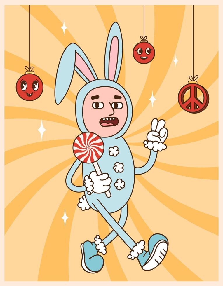 Groovy hippie Christmas. Human in bunny costume. Merry Christmas and happy new year greeting card, poster, print, party invitation, background. Retro cartoon character. vector