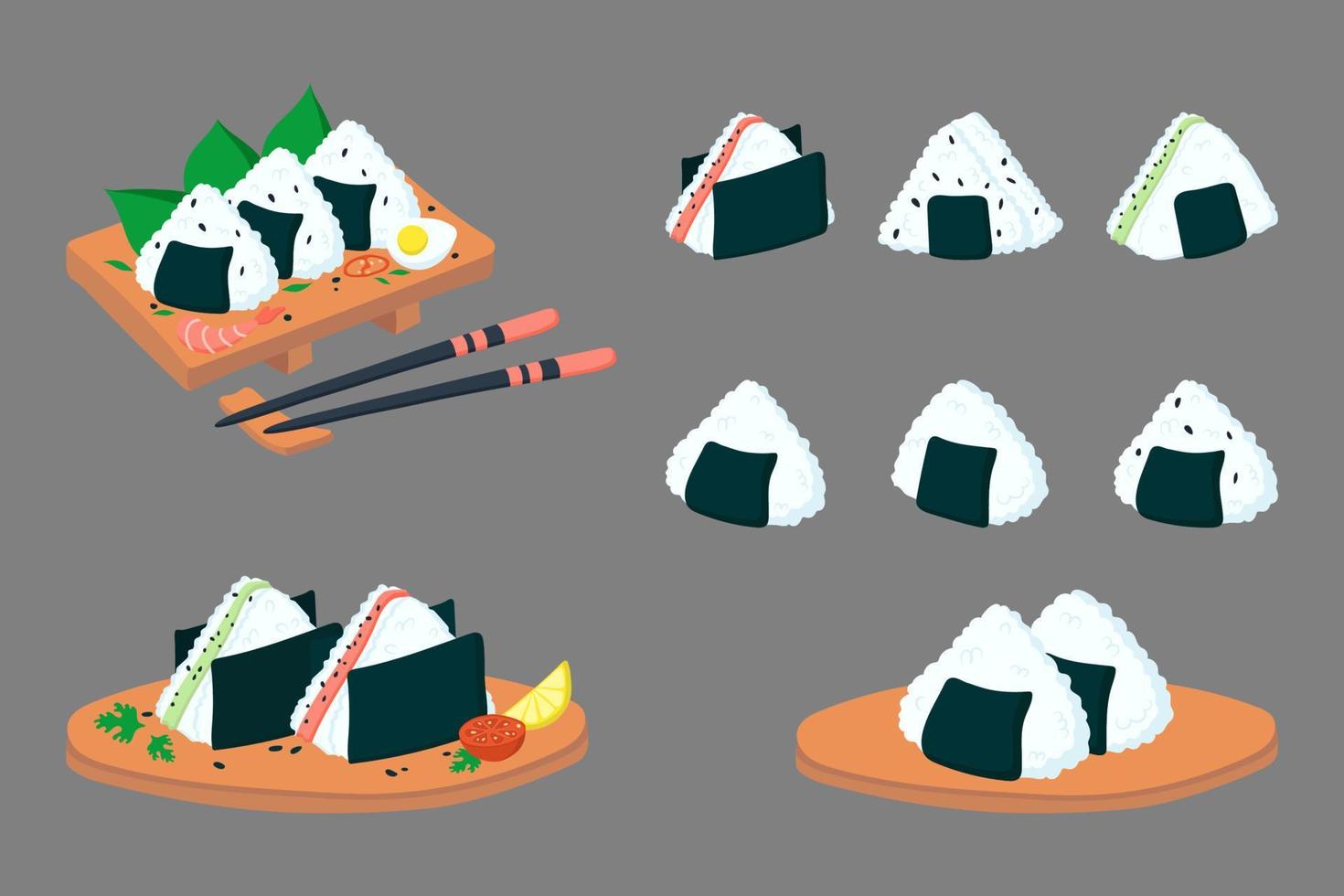 Set of onigiri on a wooden plate. vector illustration