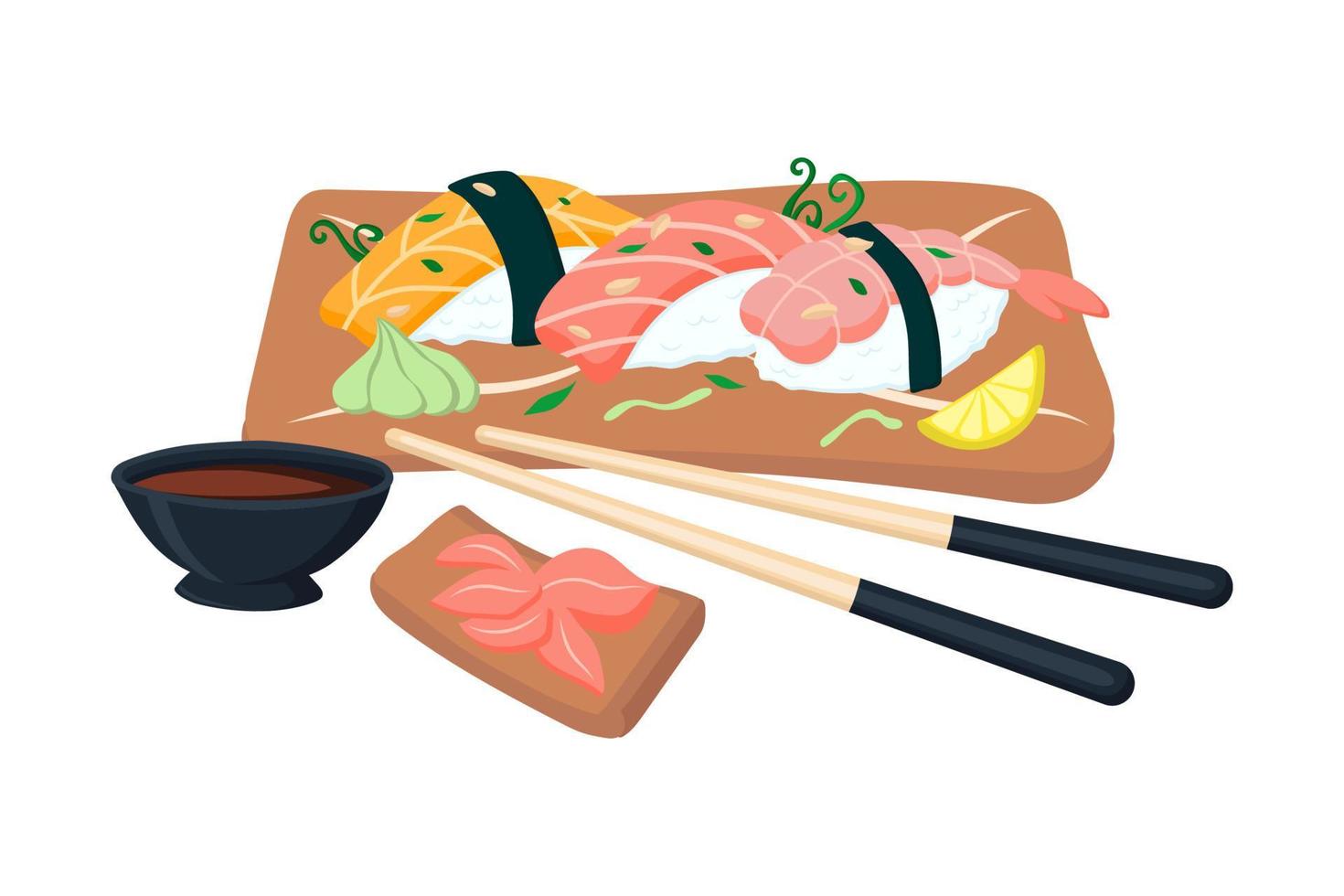 Set of sushi with seafood on a wooden plate. vector illustration