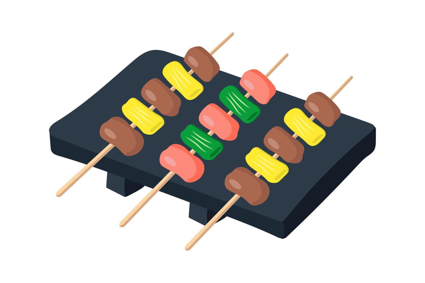 Asian yakitori kebabs on a wooden plate. vector illustration