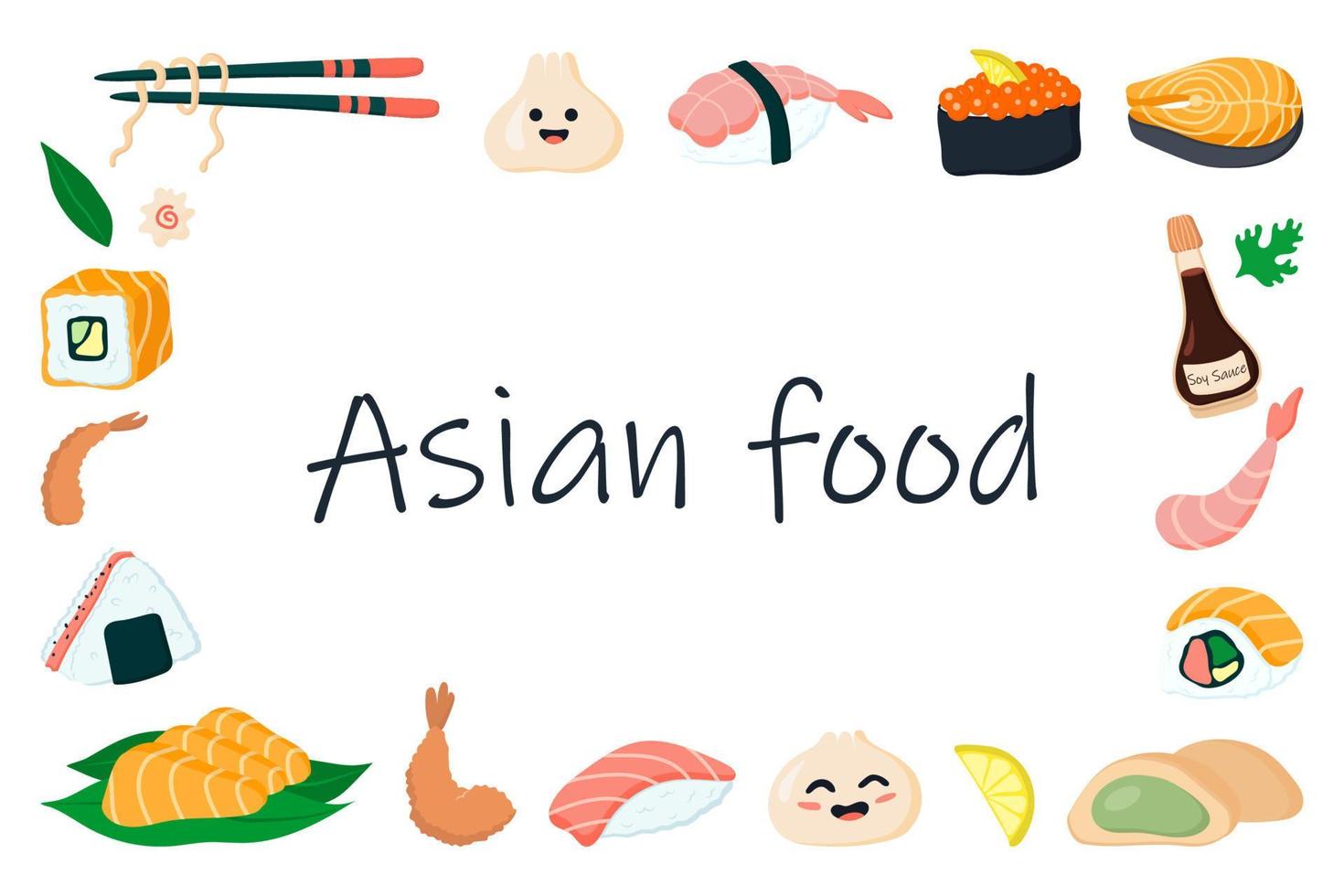 Rectangular frame with Asian food. vector illustration