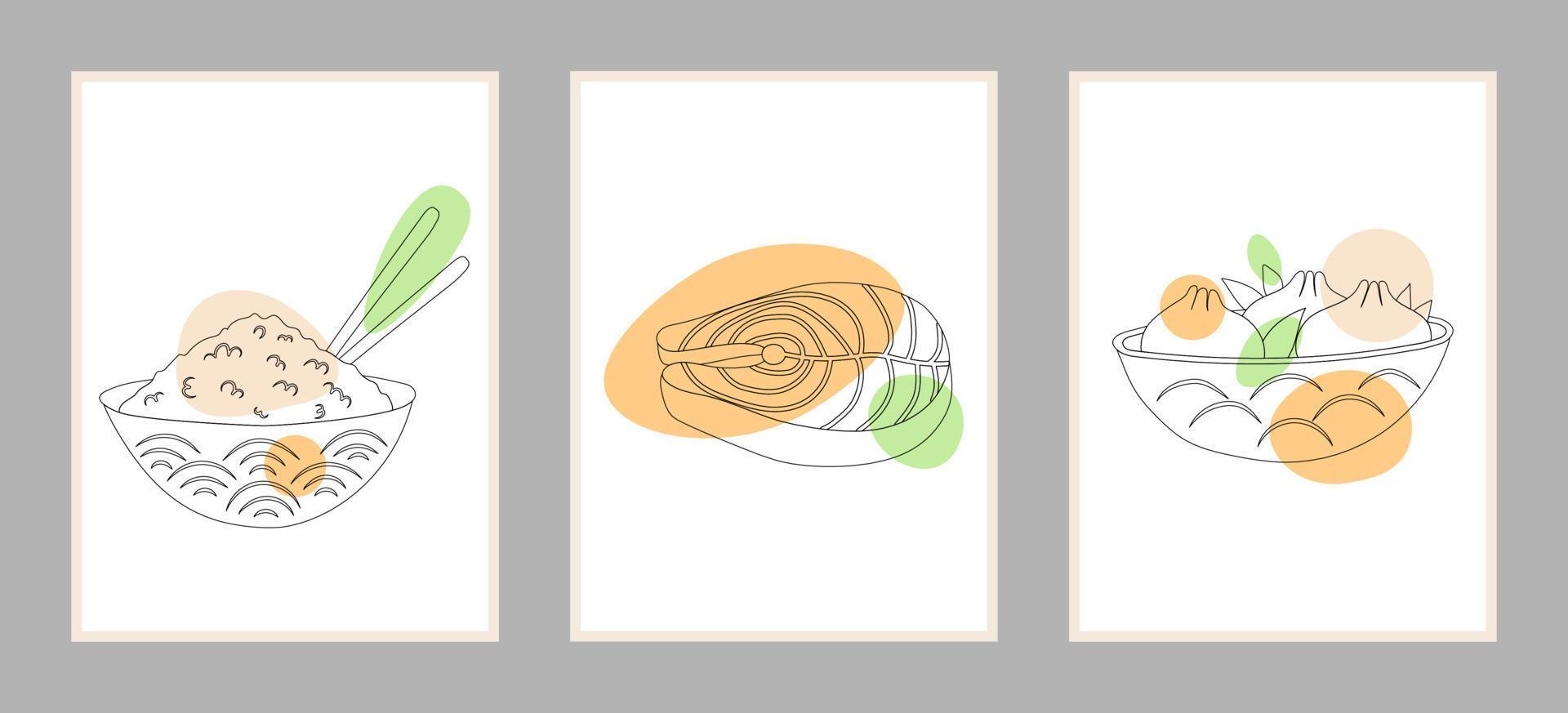 un conjunto de carteles con arroz de comida asiática, filete de salmón y dim sum. ilustración vectorial vector