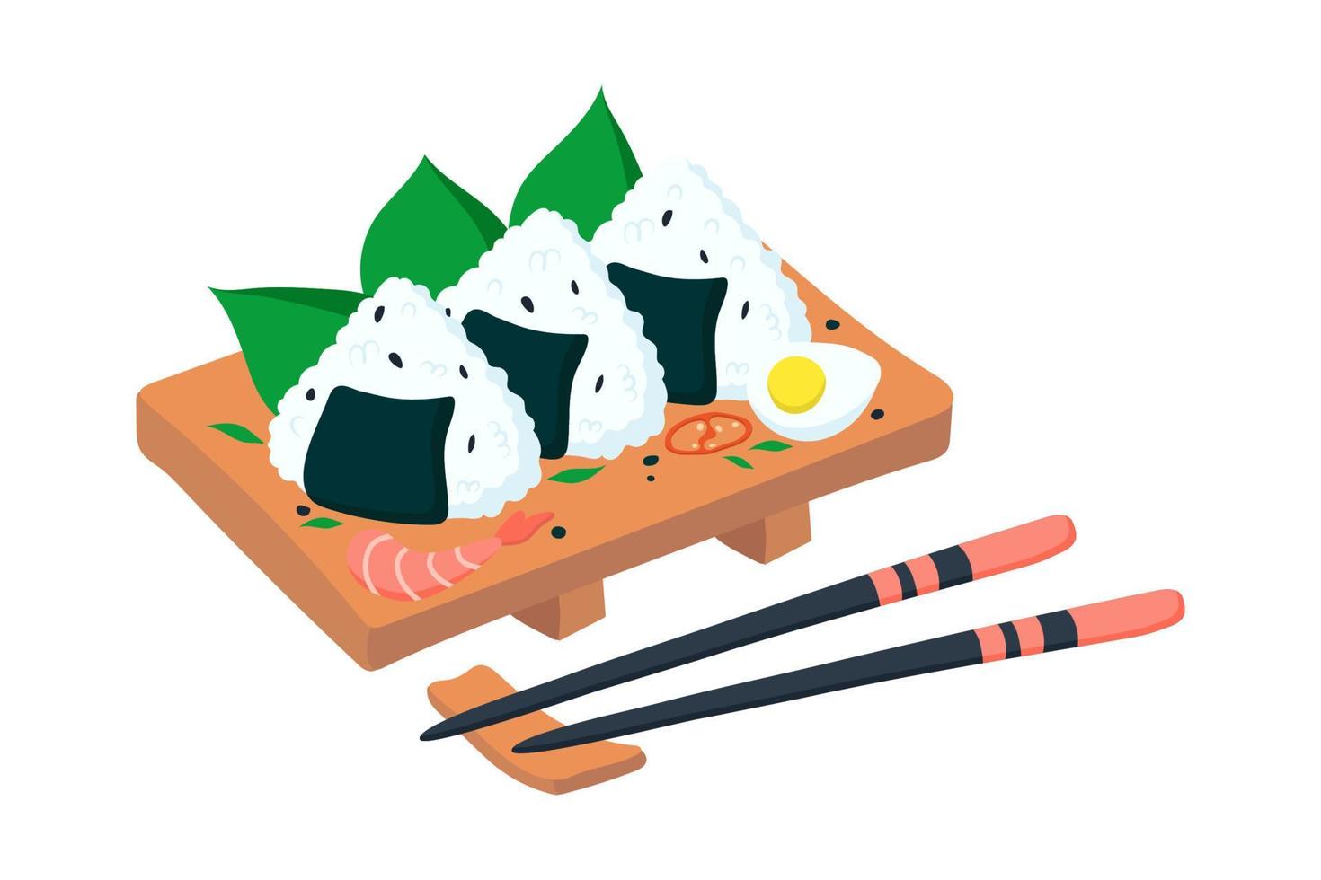 Set of onigiri on a wooden plate. vector illustration