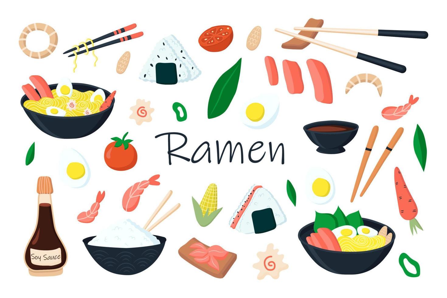 un conjunto de ilustraciones de ramen e ingredientes. ilustración vectorial vector