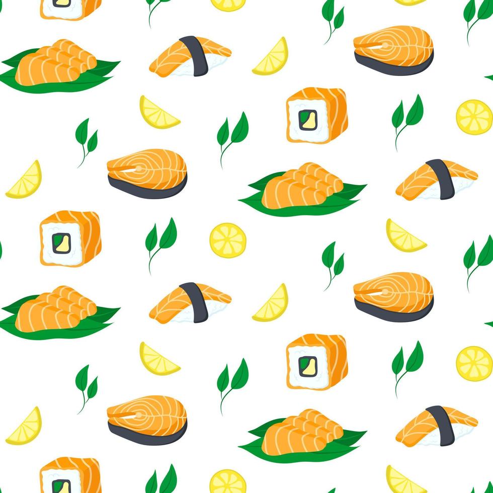 Seamless pattern with salmon and sushi. vector illustration