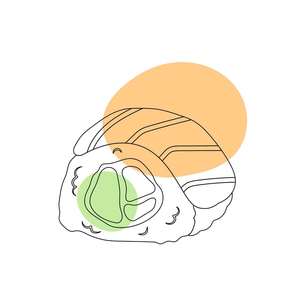 Asian food roll with salmon in the style of line art with colored spots. vector illustration