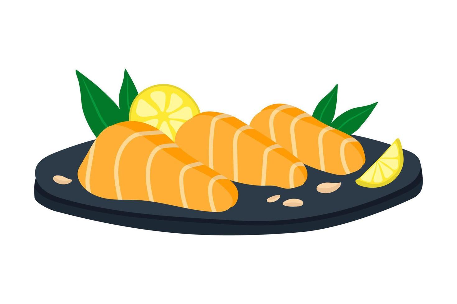 Salmon sashimi on a round plate. vector illustration