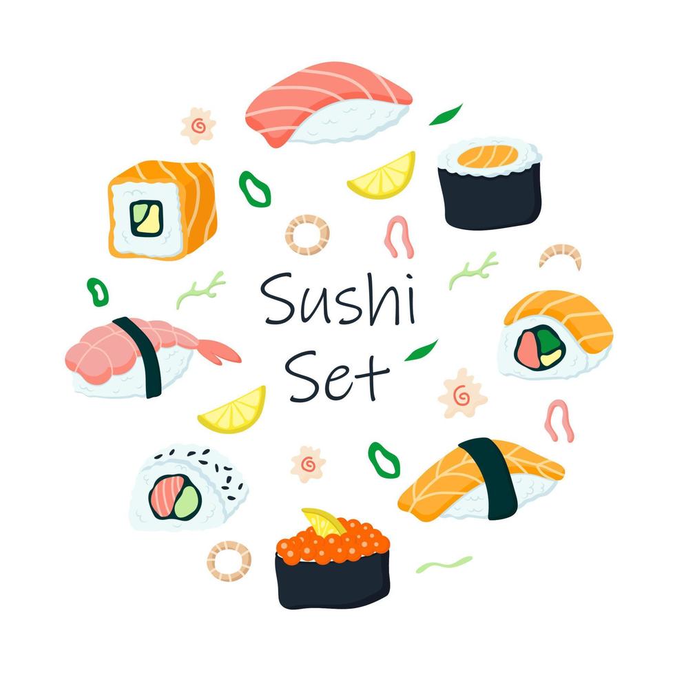 Round frame with sushi set. vector illustration