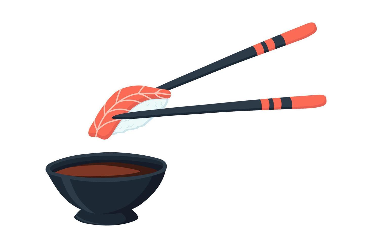 Keep sushi with chopsticks and dip in soy sauce. vector illustration