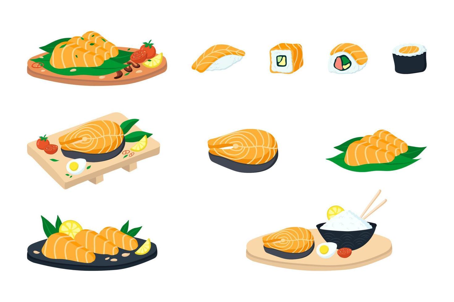 Large set with salmon and sushi. vector illustration