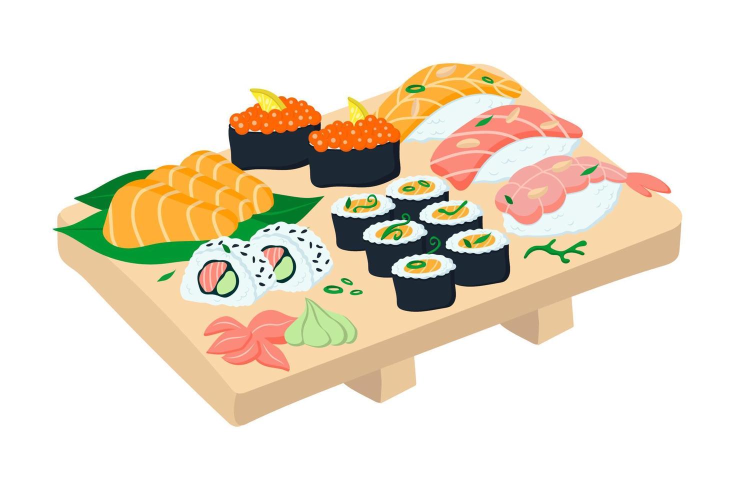 Large sushi set on a wooden plate. vector illustration