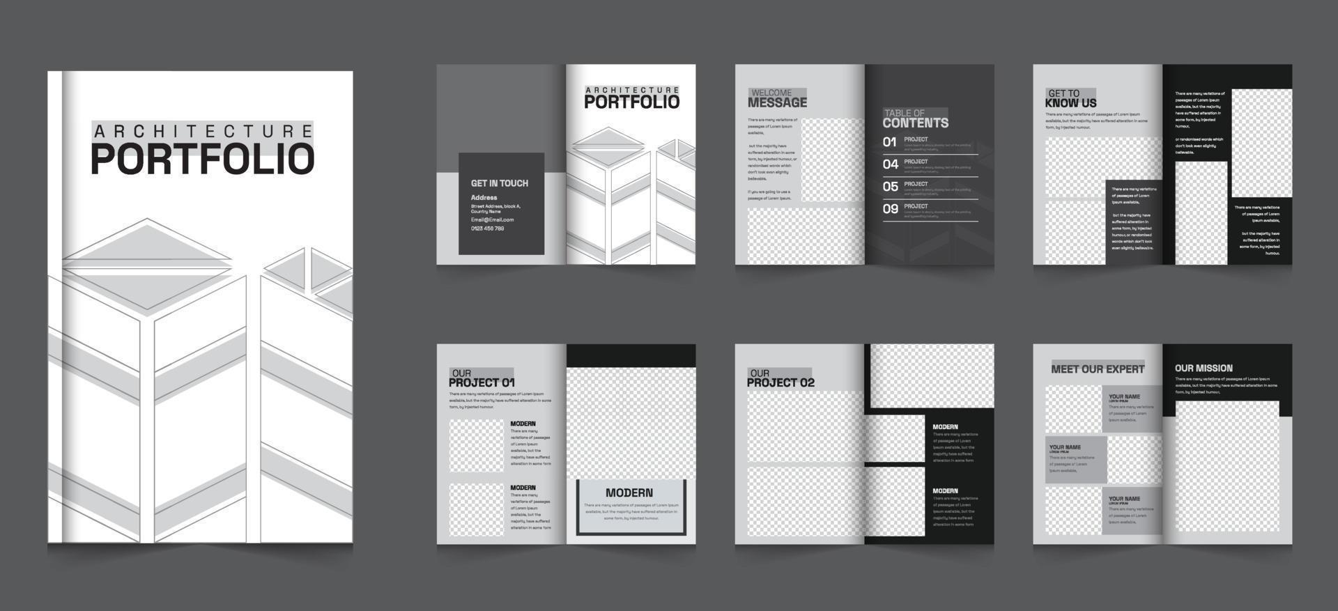 portafolio de arquitectura o diseño de portafolio de arquitecto o diseño de plantilla de folleto de portafolio interior vector