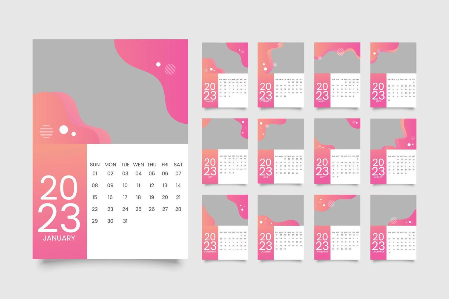 Plantilla de calendario 2023. un conjunto de ilustración de vector de diseño de calendario de pared de lujo.