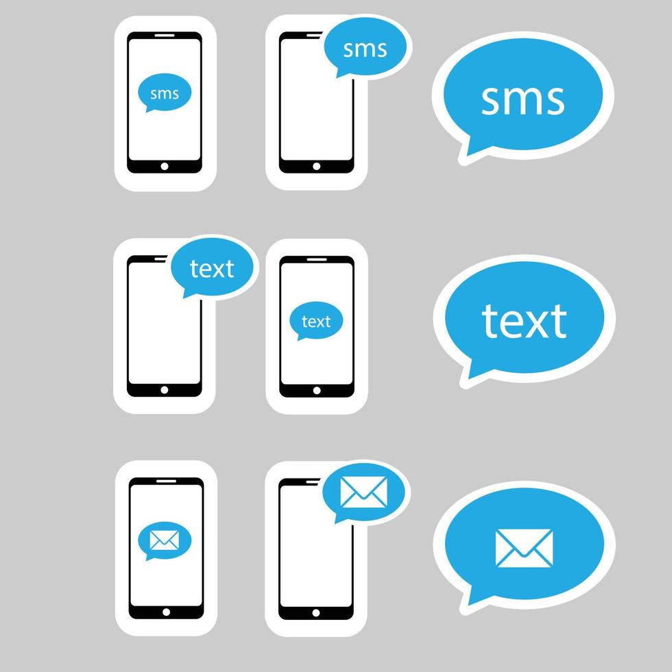 sms, mensajería, envío de iconos de mensajes de texto establecidos. Ilustración de vector de signo de burbuja de notificación de correo.