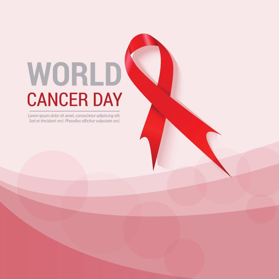 Fondo de concepto de conciencia del día mundial del cáncer con ilustración de vector de cinta roja.