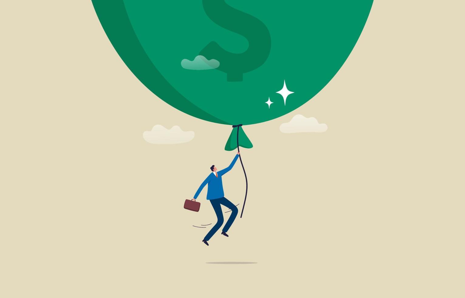 Money Inflation. Economic risk or investment bubble. Businessman flying high with a inflated balloon. illustration vector