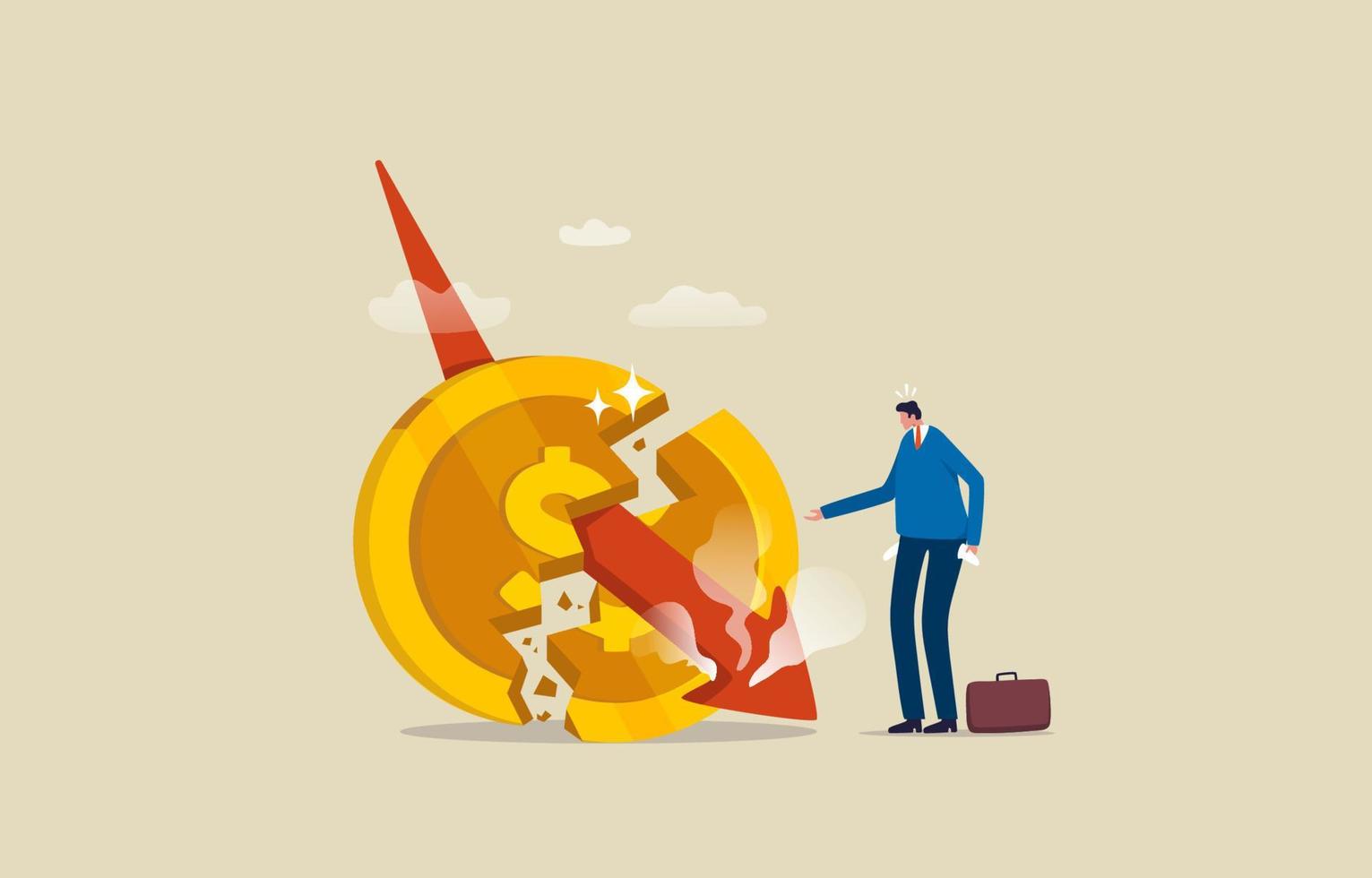 Money Inflation. Financial and economic crisis.  Profit and Loss on Inflation. Business profits are too low. Big dollar coins crumble and fall in value.  illustration vector
