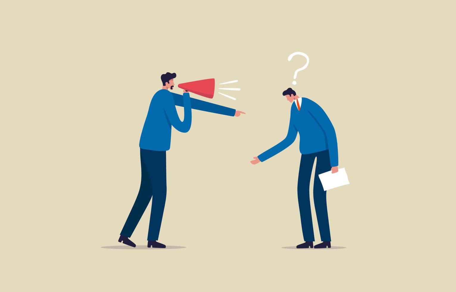Manager Power or Authority. Businessman or Boss communicating work to Employee via megaphone. illustration vector