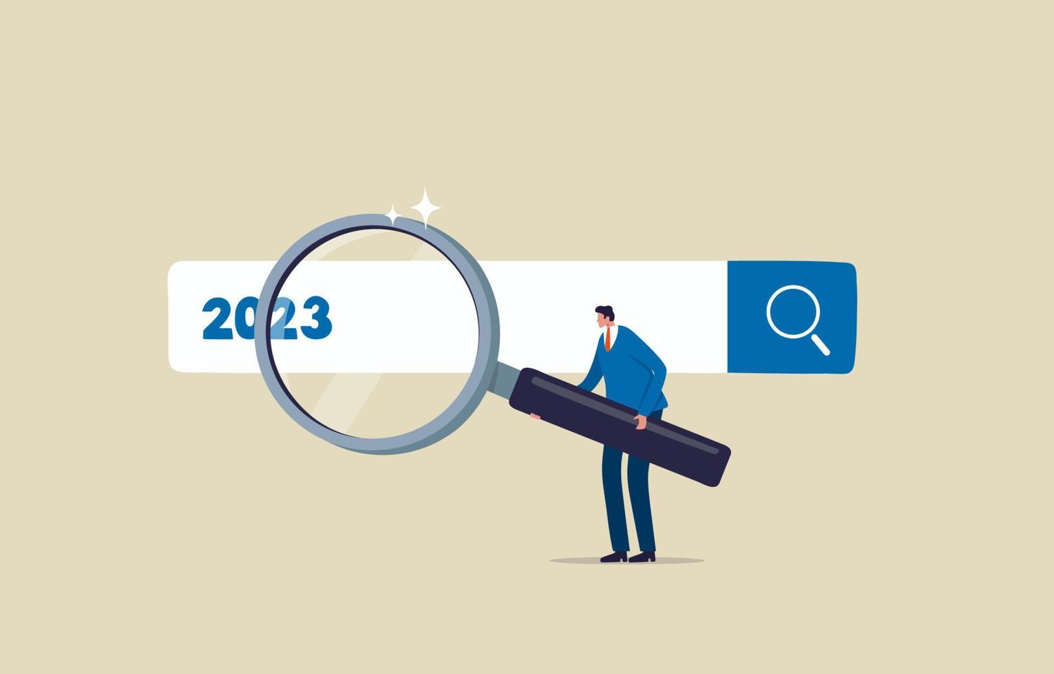 Find new inspiration in 2023. New Year resolution. Business opportunities or career challenges. Man holding magnifying glass for search box. illustration vector