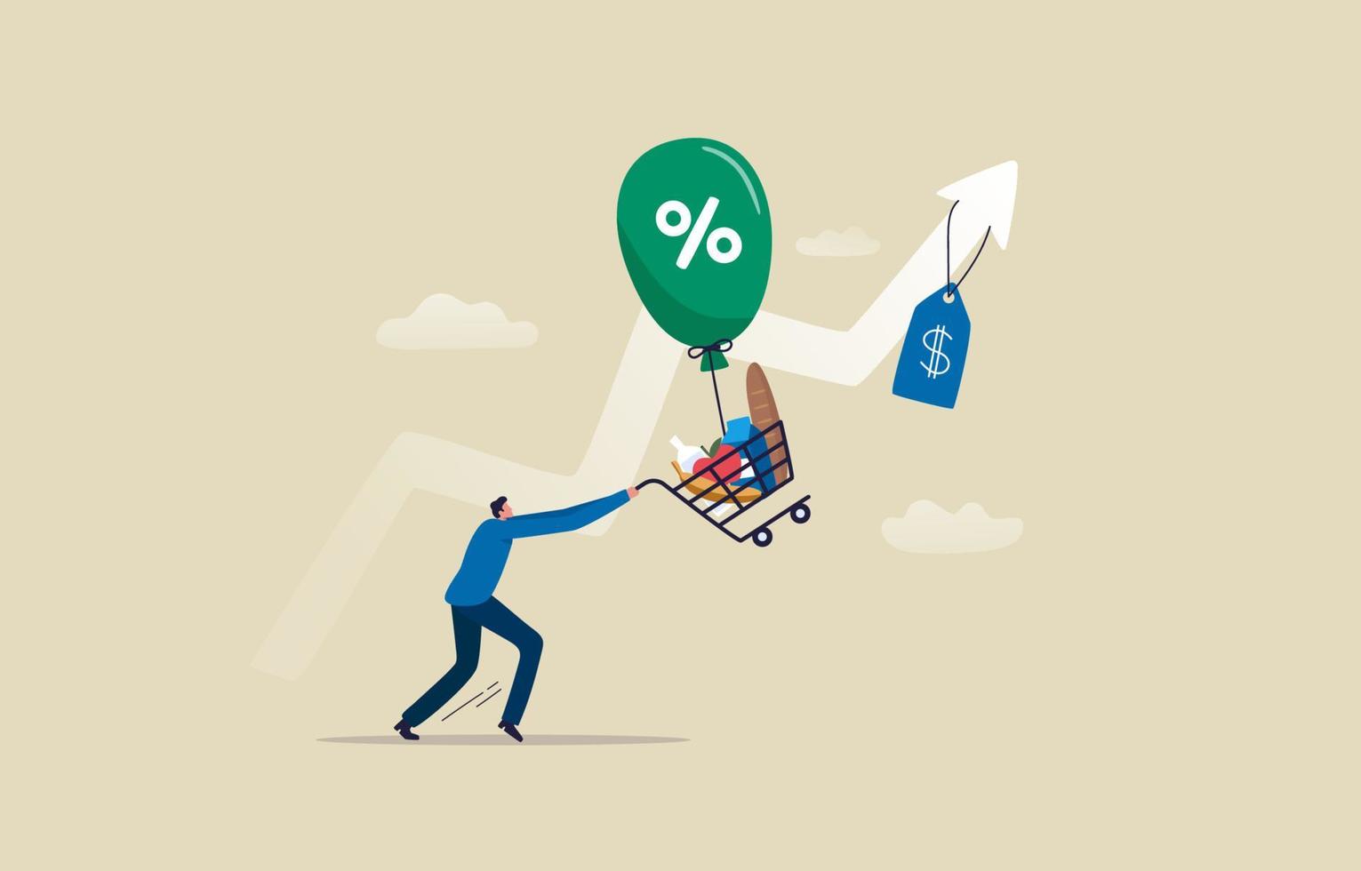 Rising food cost and grocery prices.  Inflation financial crisis concept. a man trying to catch the shopping cart full of food flying away with the inflation bubble. illustration vector