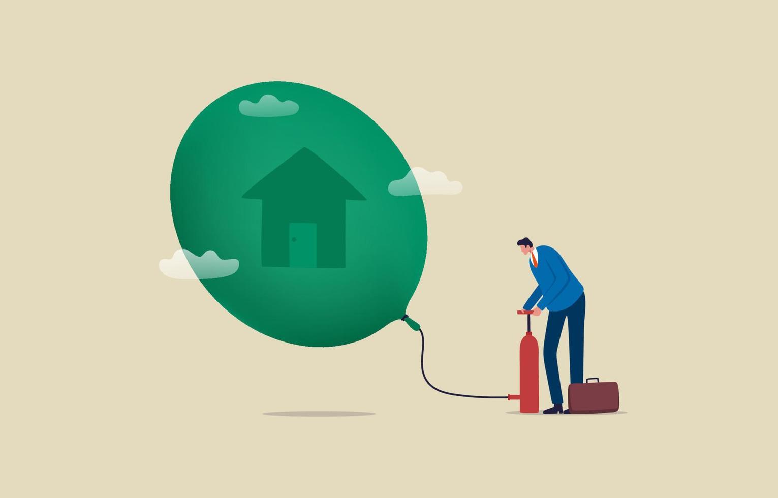 Real estate or property bubble. House mortgage interest rate rising up. real estate inflation. Businessman inflates a house symbol balloon with tire pump. illustration vector