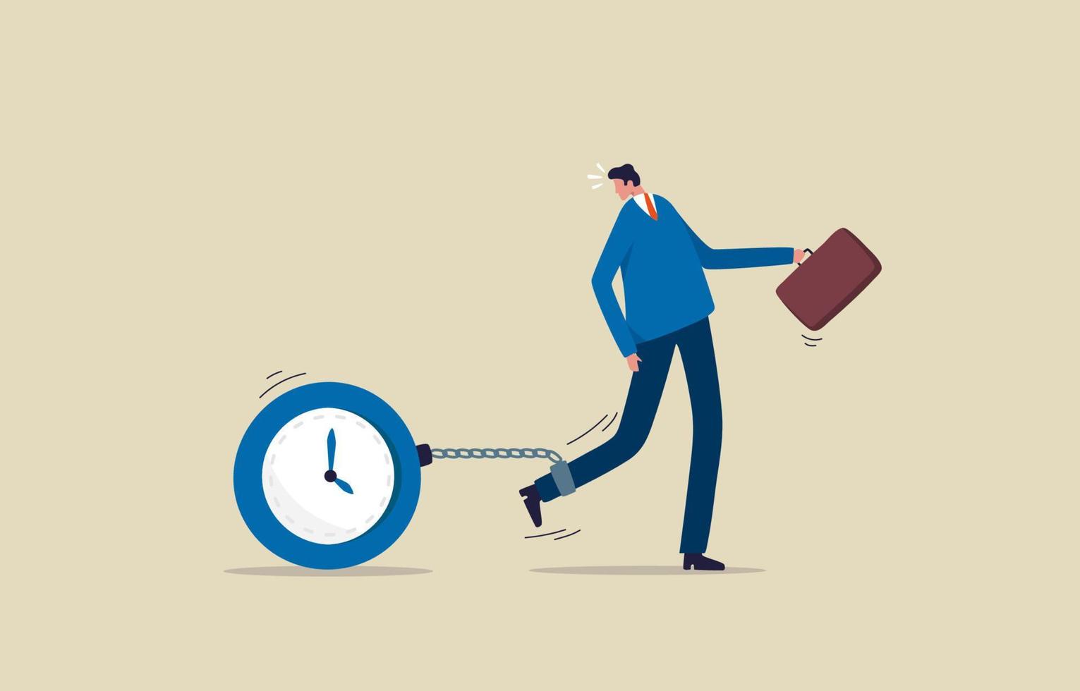 Time management failure.Heavy work makes people trapped in time. Businessman pulling clock shaped ball and chain. illustration vector