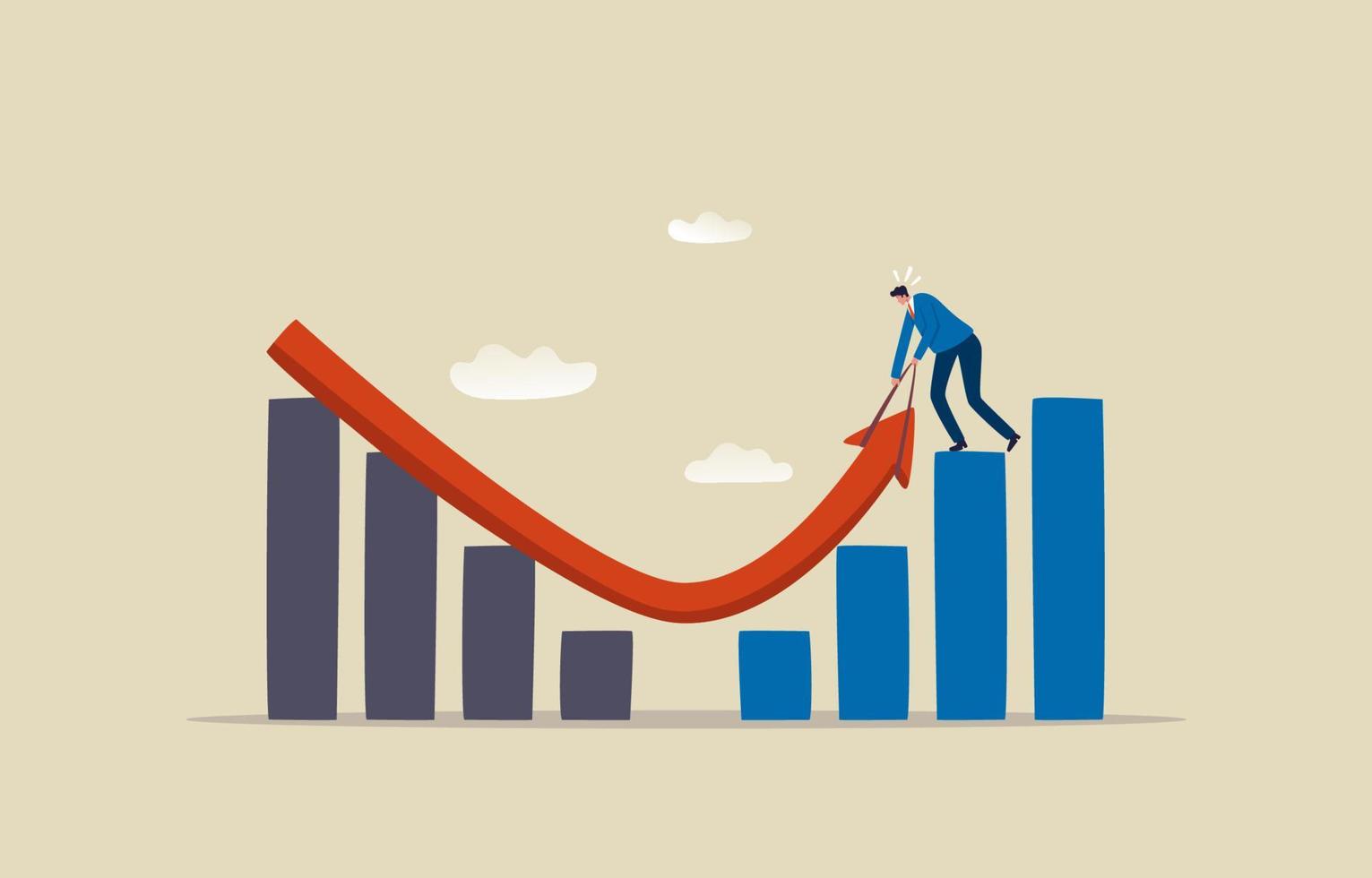 Stock market crash and escape. Stocks market index to change direction. Investment growth. Businessman pulls up the red arrow graph. vector