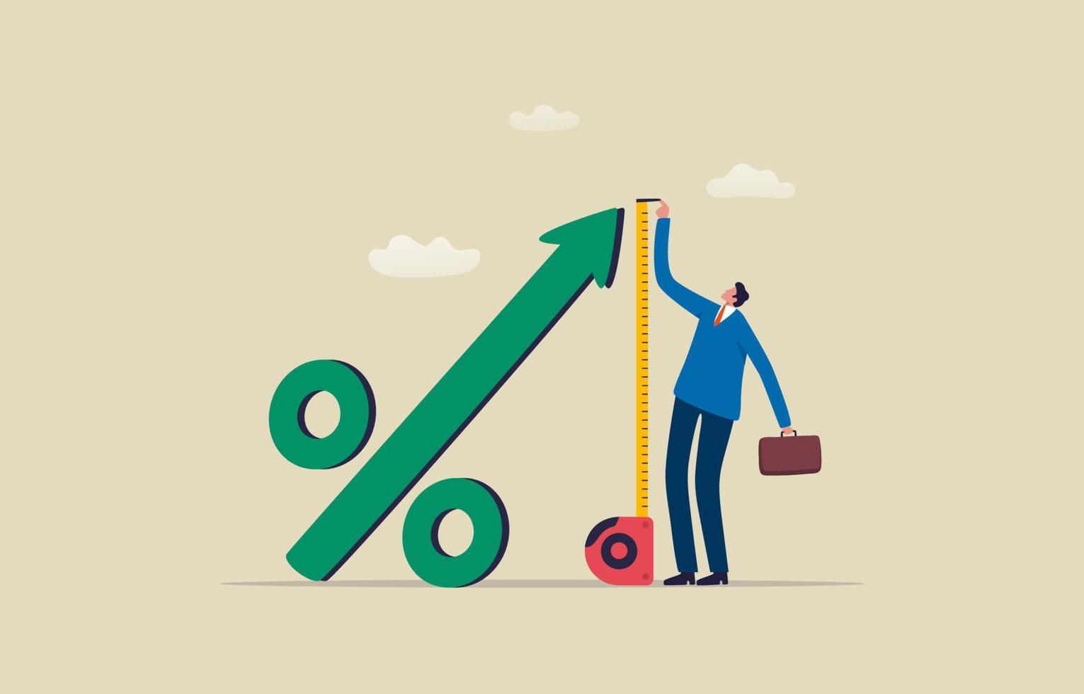 Growth in investment profits. Businessman using tape measure to measure the height of the percentage symbol. illustration vector