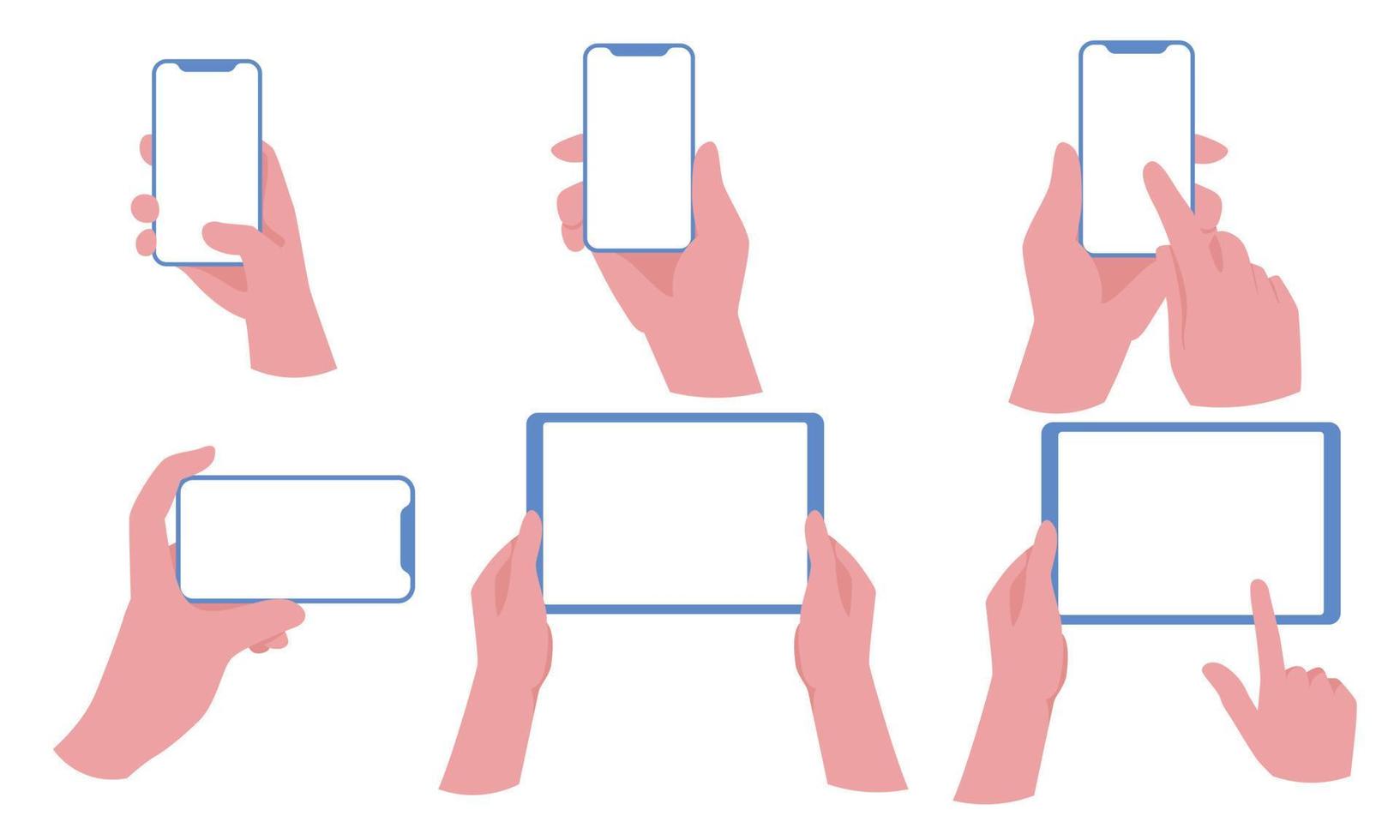 Set of Hand holding smartphone vertically with blank screen vector illustration. Phone with empty screen, phone mockup, app interface design elements