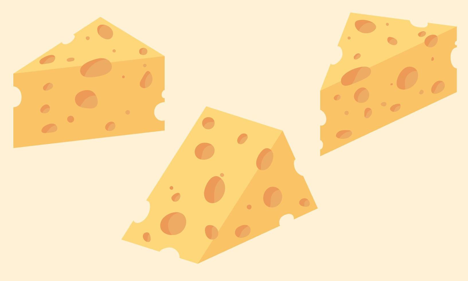 Set of triangular piece of cheese cartoon illustration. Cheese flat icon. Vector Head of cheese in flat style isolated on yellow background