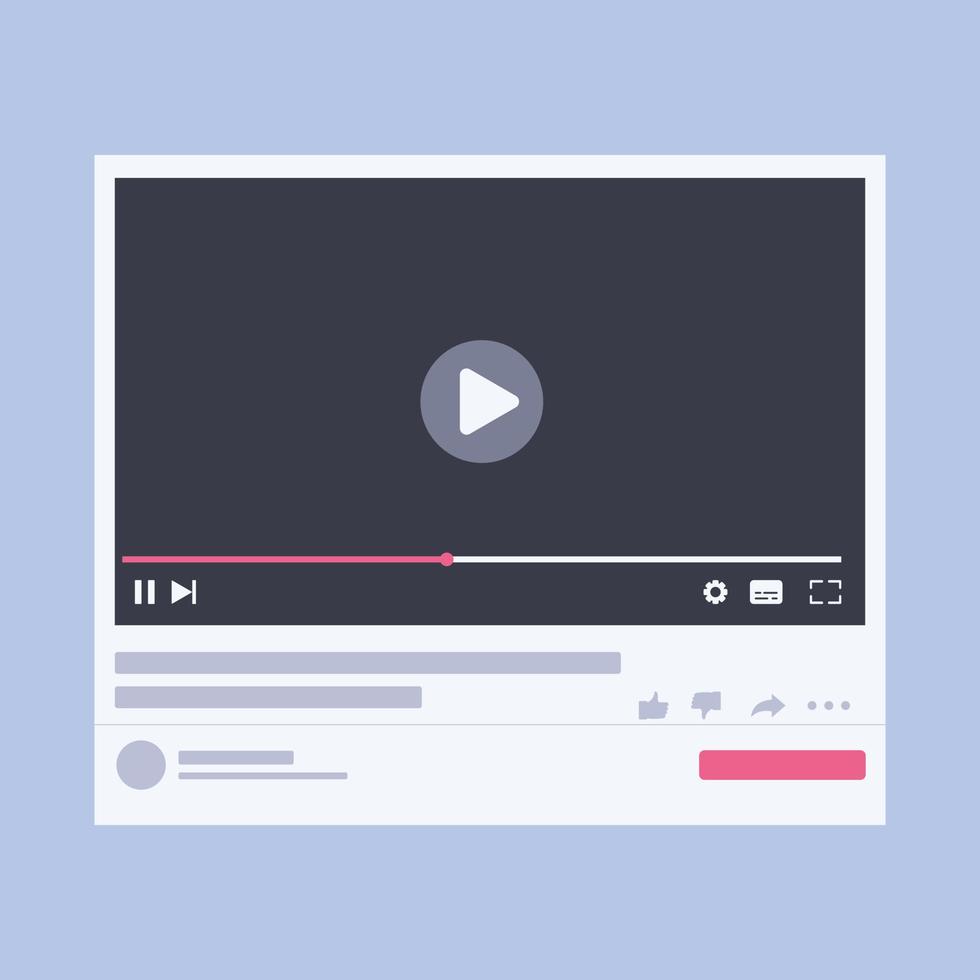 Web video player template social media concept. Mockup video channel. Web windows player. Video content, blogging. Vector illustration.