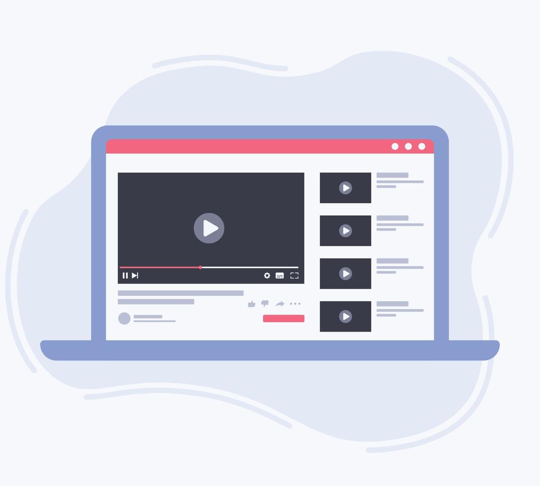 Web video player template social media on laptop screen. laptop with video player on screen. Watch movies, educational materials, web courses. Vector illustration