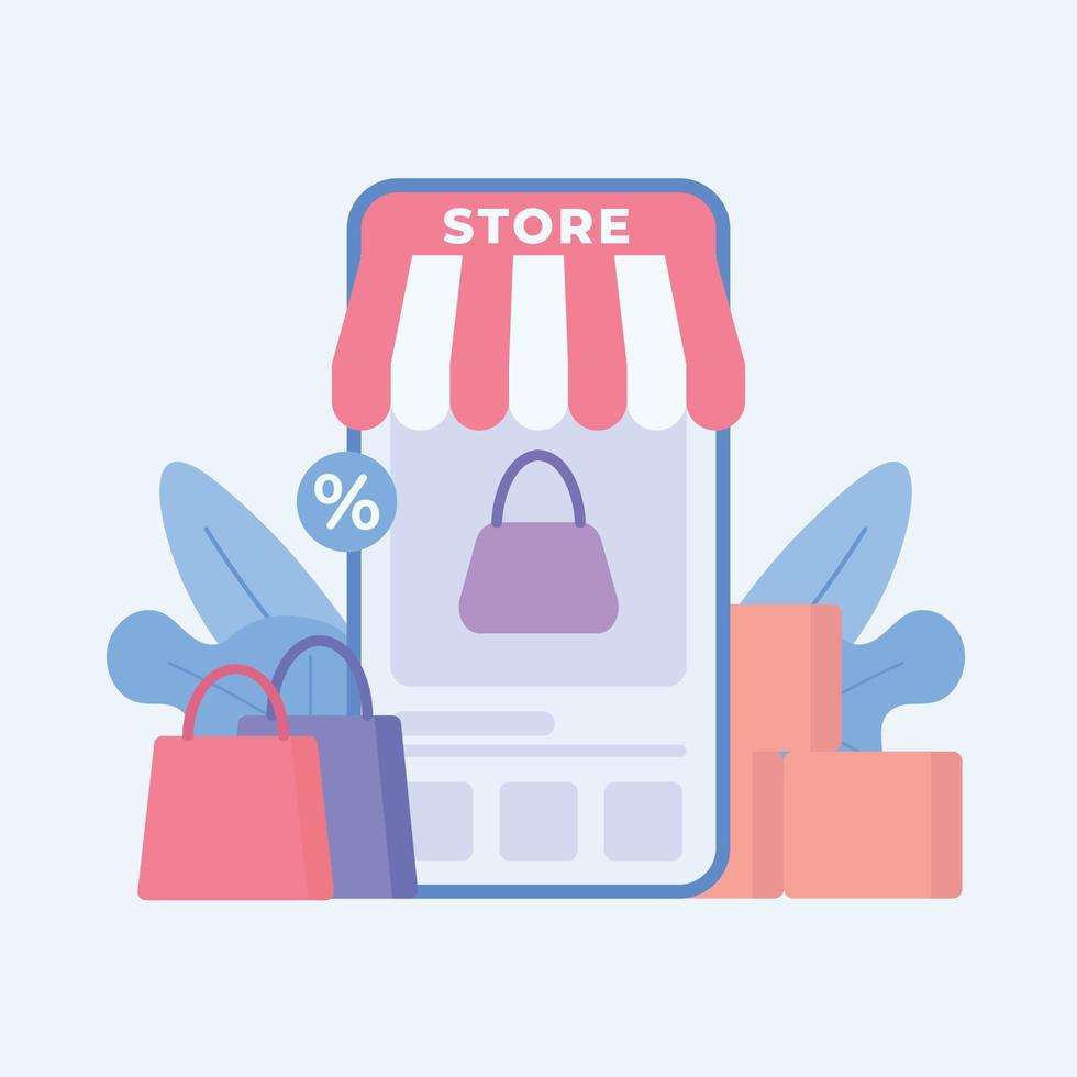 Online shopping store with mobile concept. Business online shopping and business e-commerce. Vector illustration