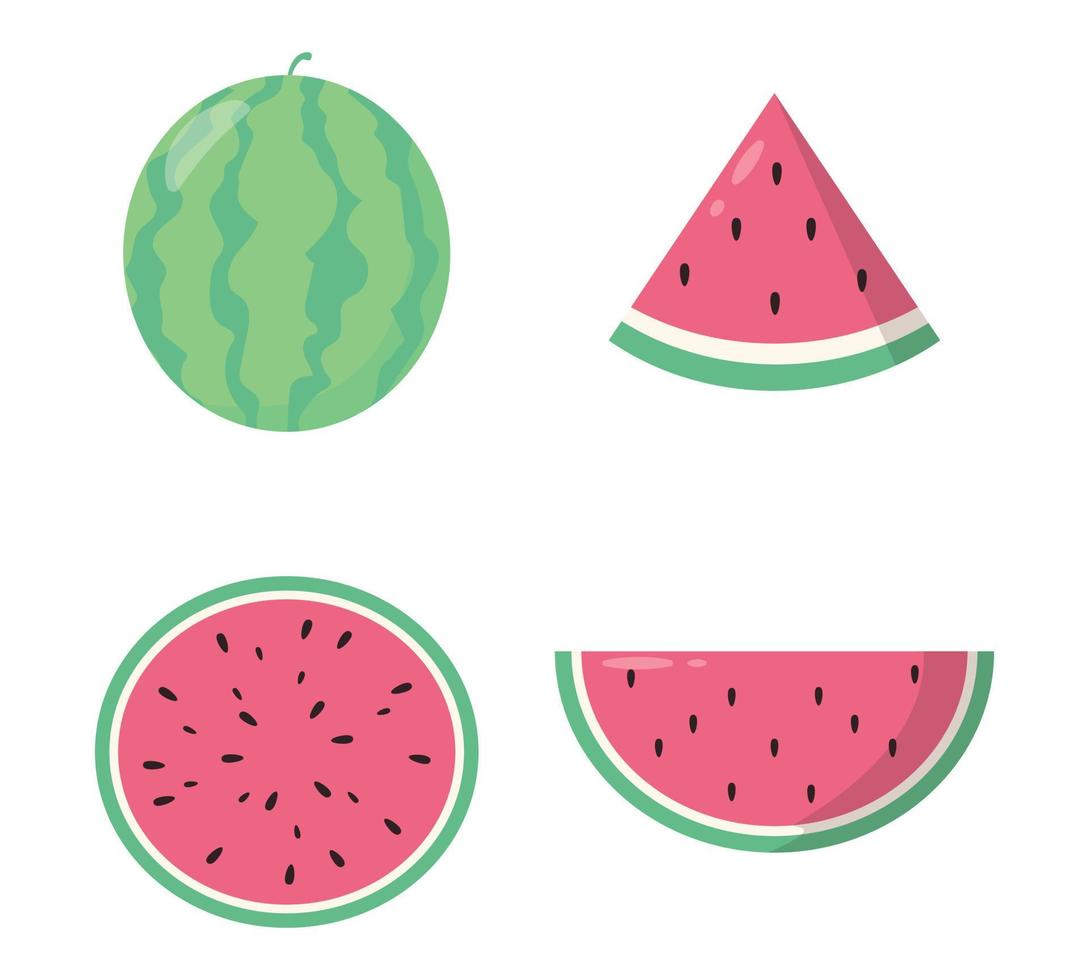 Set of watermelon flat cartoon vector illustration. Vegetarian and ecology food. Healthy food. Sweet water melon. Tropical fruits. White background