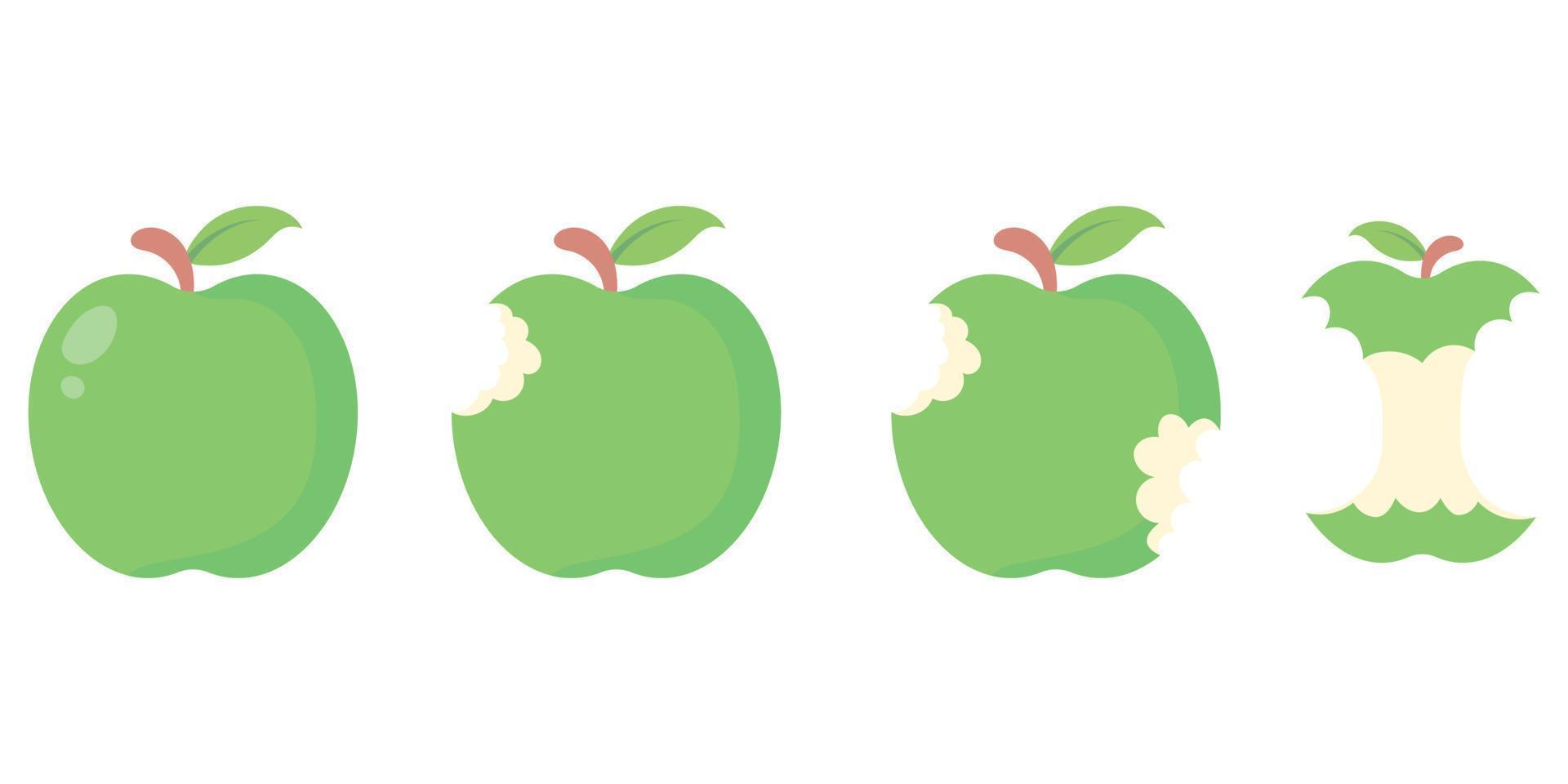 Set of green apple cartoon bite vector illustration. Simple flat design apple fruit. Vegetarian and ecology food. Healthy food. Sweet apple. Tropical fruits.