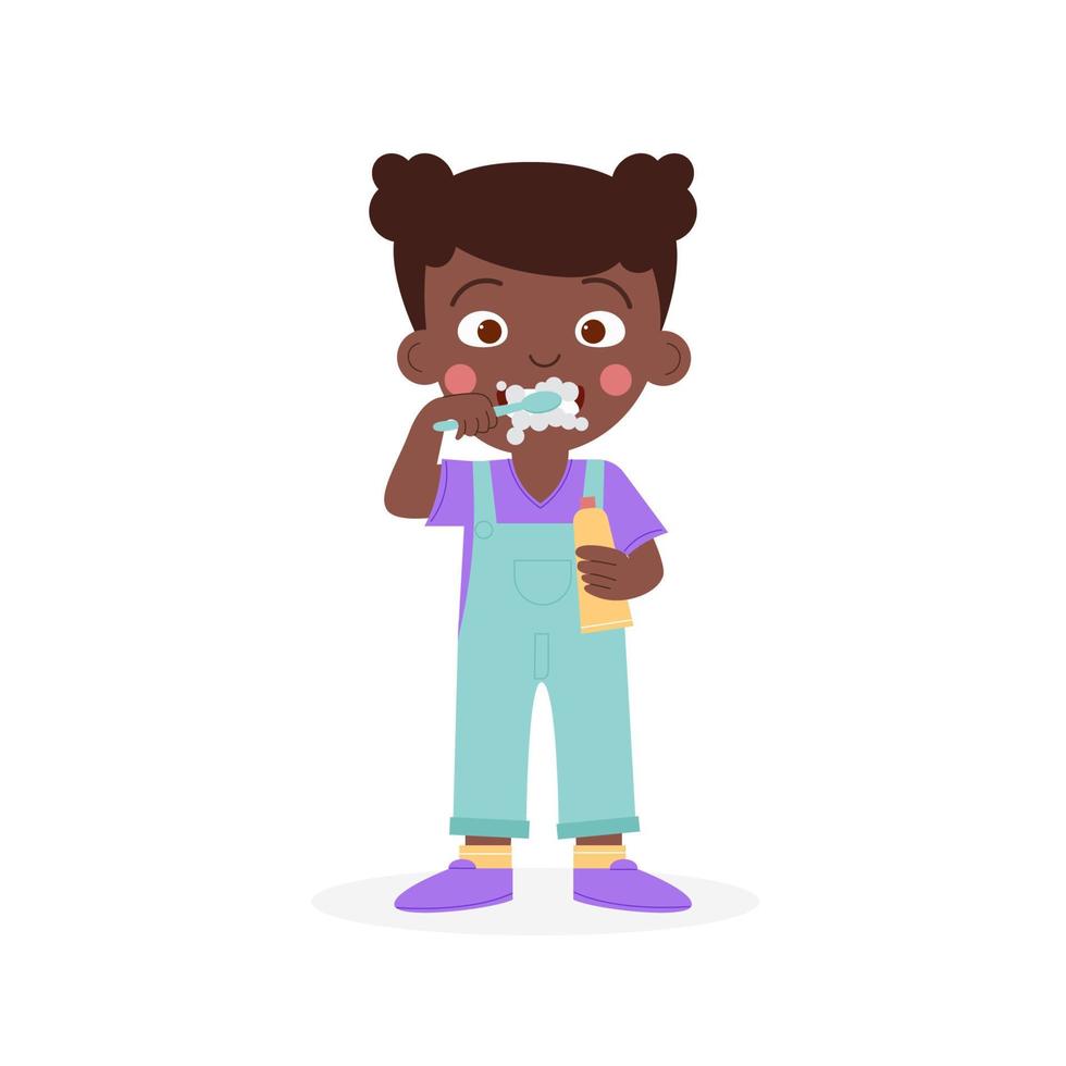 una niña afroamericana de piel oscura se cepilla los dientes. mes nacional de la salud dental infantil vector