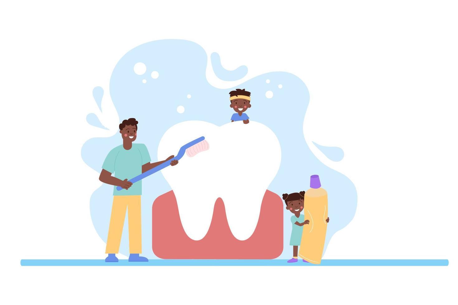 African American black family brushing their teeth. Father and children National Children Dental Health Month vector