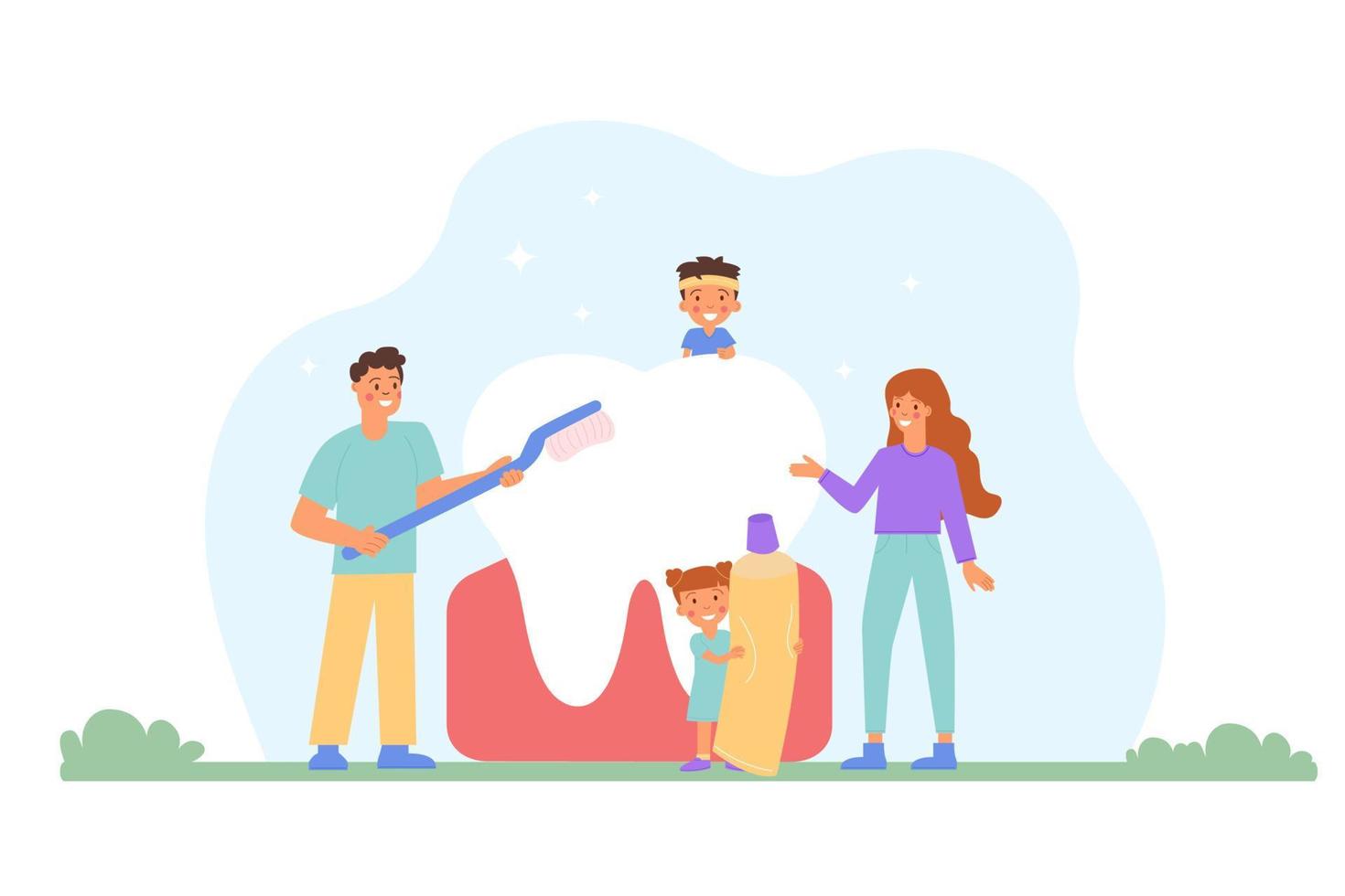 Family brushing teeth. National Children Dental Health Month vector