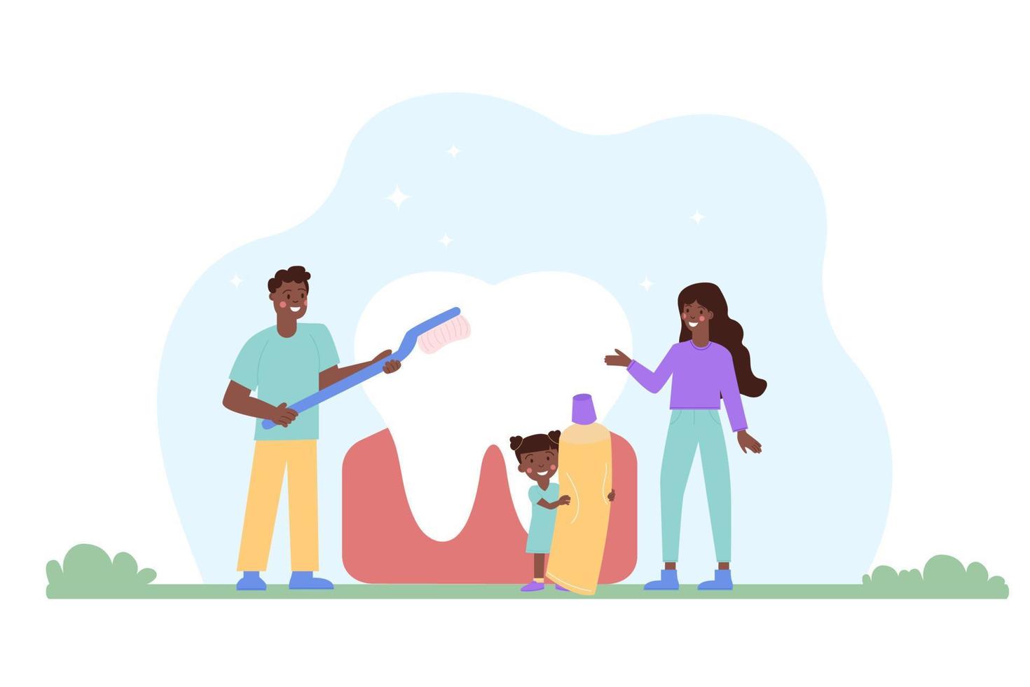 familia negra afroamericana cepillándose los dientes. mes nacional de la salud dental infantil vector