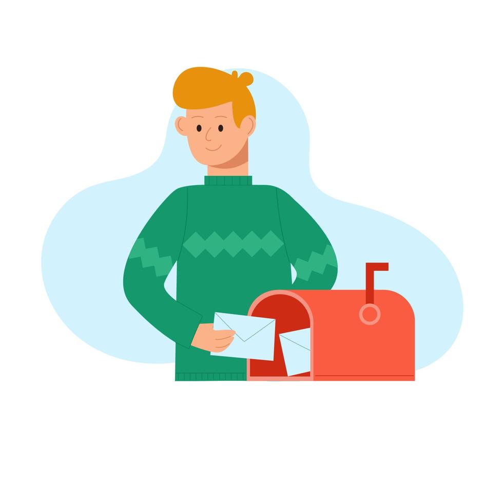 A blond man sends a postcard. National Send a Card to a Friend Day. vector